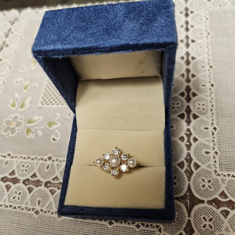 Vintage 14k Gold Vermeil Solitaire Floral Pearl Daisy Ring Size 7